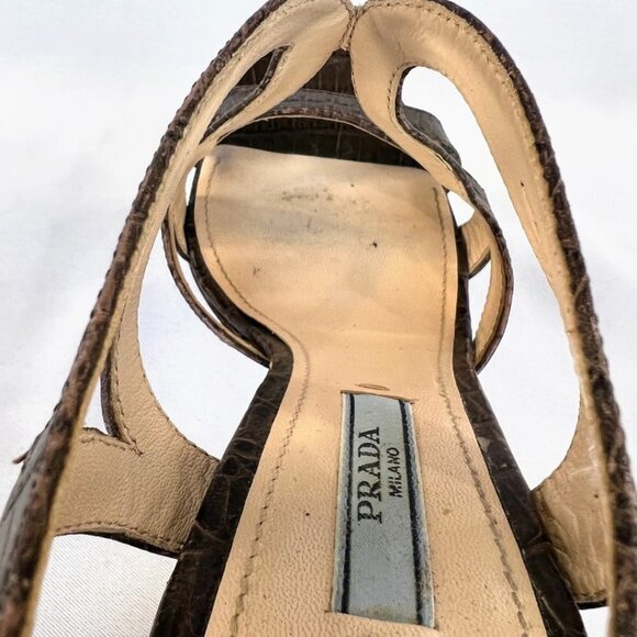 Prada Brown Embossed Leather Cut Out Platform Sandals $581 - Picture 10 of 12